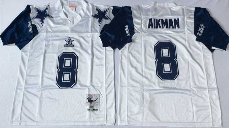 Cowboys 8 Troy Aikman White M&N Throwback Jersey